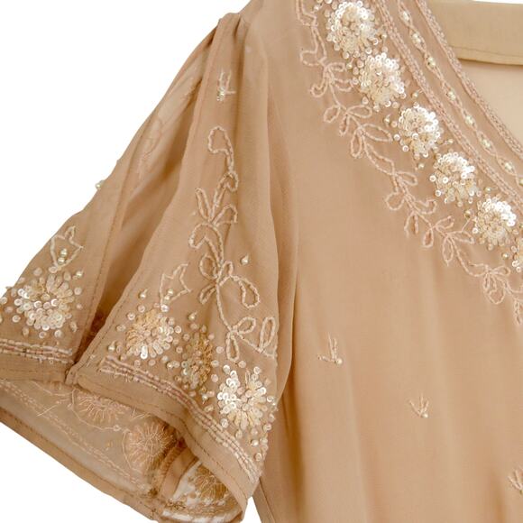 Sundance Peach Beaded Embroidered Short Sleeve Bohemian Blouse Small - Picture 3 of 6